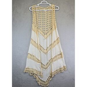 Umgee Cardigan Womens L Beige White‎ Duster Open Knit Swim Coverup Boho Peasant